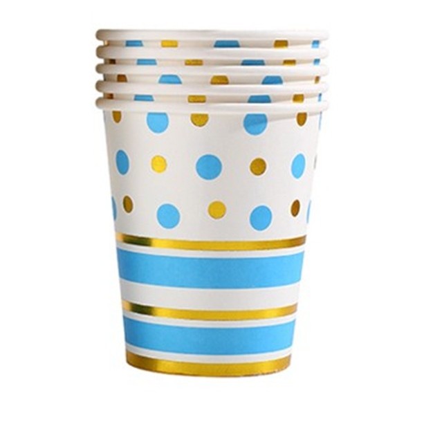 Set 10 Pahare, Imprimeu Cu Buline Si Dungi, Din Carton, 250 Ml, /Auriu