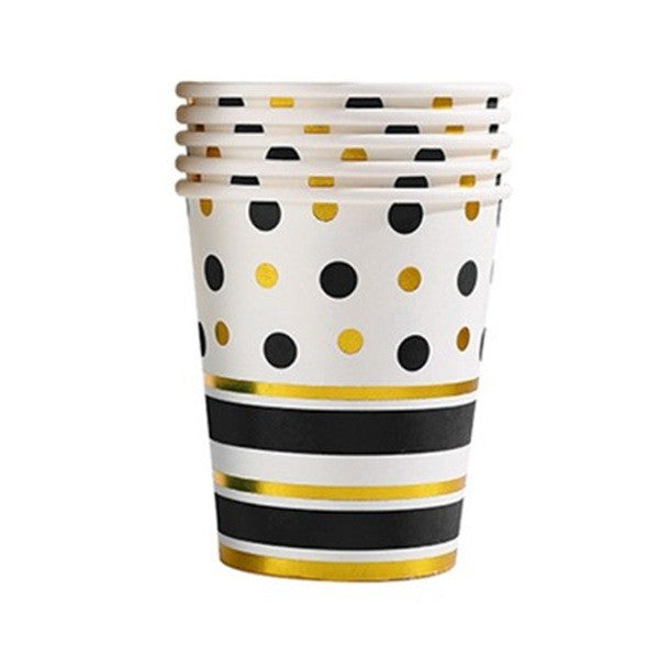 Set 10 Pahare, Imprimeu Cu Buline Si Dungi, Din Carton, 250 Ml, Negru/