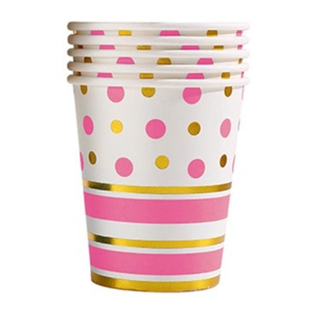 Set 10 Pahare, Imprimeu Cu Buline Si Dungi, Din Carton, 250 Ml, Roz/