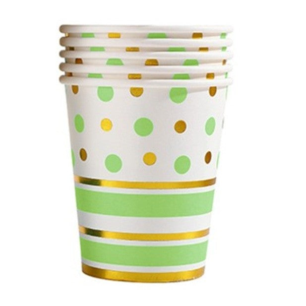 Set 10 Pahare, Flippy, Imprimeu cu Buline si Dungi, din Carton, 250 ml, 7.5 x 8.5 x 5.2 cm, Verde/Auriu