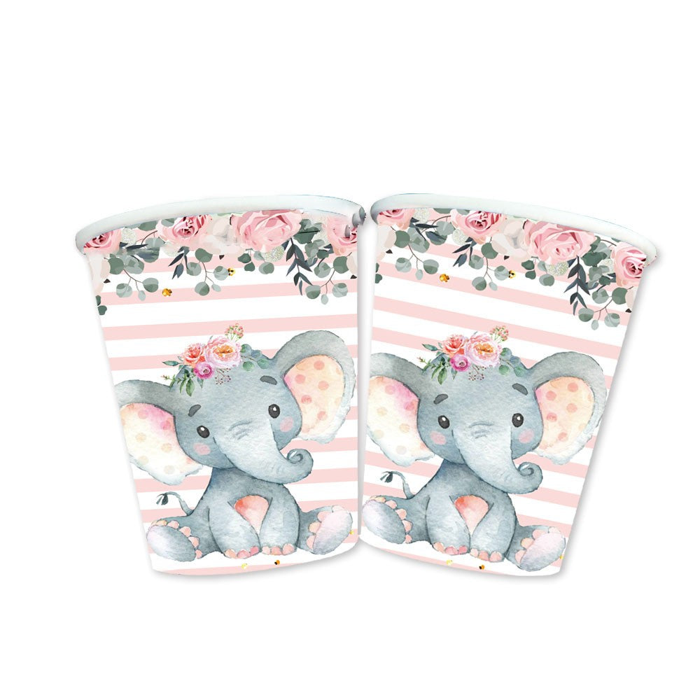 Set 10 Pahare, Flippy, Imprimeu Elefant, din Carton, 7.5 x 8.5 cm, Roz