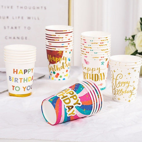 Set 10 Pahare, Flippy, Imprimeu Happy Birthday Baloane, din Carton, 250 ml, 7.5 x 8.5 x 5.2 cm, Multicolor