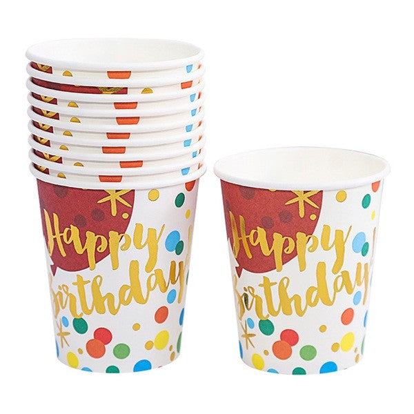 Set 10 Pahare, Flippy, Imprimeu Happy Birthday Baloane, din Carton, 250 ml, 7.5 x 8.5 x 5.2 cm, Multicolor