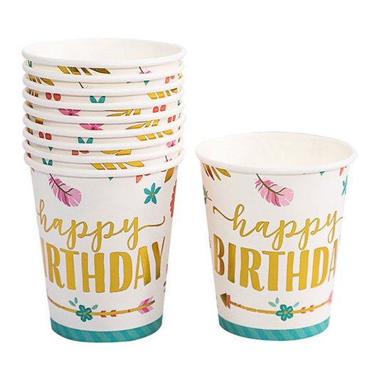 Set 10 Pahare, Vivimall, Imprimeu Happy Birthday Gold, din Carton, 250 ml, 7.5 x 8.5 x 5.2 cm, Multicolor - vivimall.ro