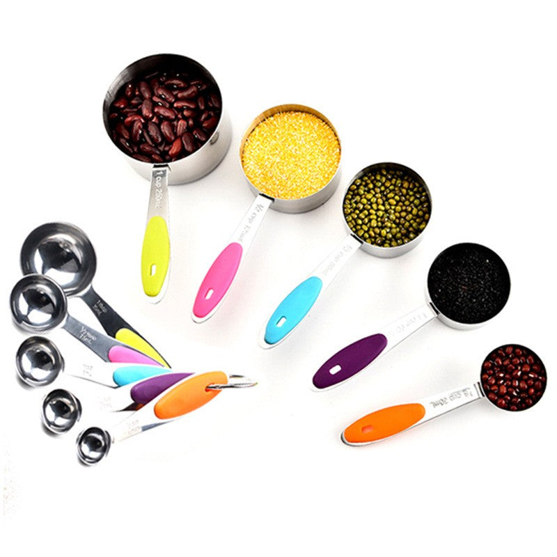 Set 10 Piese De Masurare, 5 Linguri Gradate + 5 Cesti Gradate, Otel Inoxidabil + Silicon, 19 X 8 X 9 Cm, Multicolor - vivimall.ro