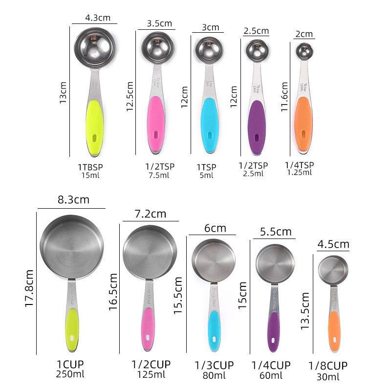 Set 10 Piese De Masurare, 5 Linguri Gradate + 5 Cesti Gradate, Otel Inoxidabil + Silicon, 19 X 8 X 9 Cm, Multicolor - vivimall.ro