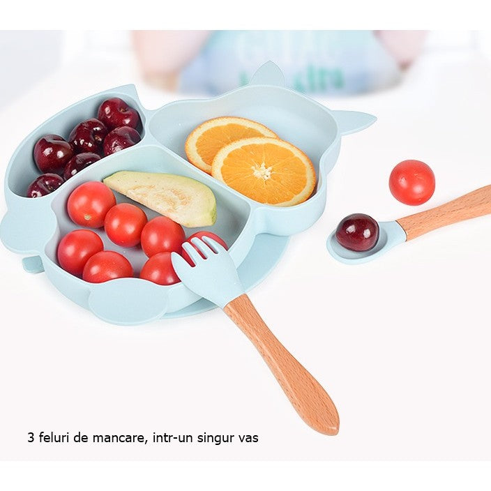 Set 10 Piese Diversificare Bebelusi Si Copii, Din Silicon, Baveta, Farfurie Compartimentata Cu Ventuza, Bol Cu Ventuza, Tacamuri Din Lemn Si Silicon, Cana Pentru Gustari, Fara Alergeni