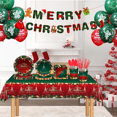 Set 119 Piese, Pentru Masa De Craciun, Farfurii 18 Cm, Farfurii 23 Cm, Pahare, Servetele, Tacamuri, Fata De Masa, Ghirlanda, Paie, Rosu/ - vivimall.ro