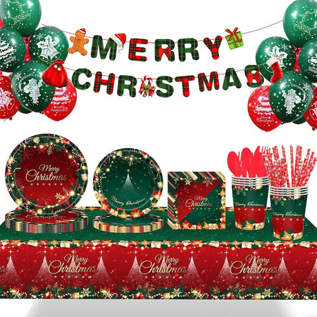 Set 119 Piese, Pentru Masa De Craciun, Farfurii 18 Cm, Farfurii 23 Cm, Pahare, Servetele, Tacamuri, Fata De Masa, Ghirlanda, Paie, Rosu/ - vivimall.ro