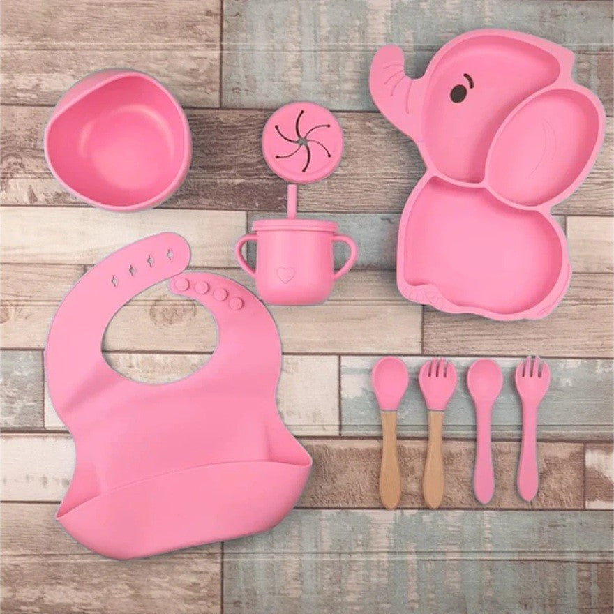 Set 10 Piese Servire Masa. Pentru Bebelusi Si Copii, Din Silicon/Lemn, Cu Ventuze Anti-Alunecare, Fara Alergeni. +6 Luni, Model Elefant