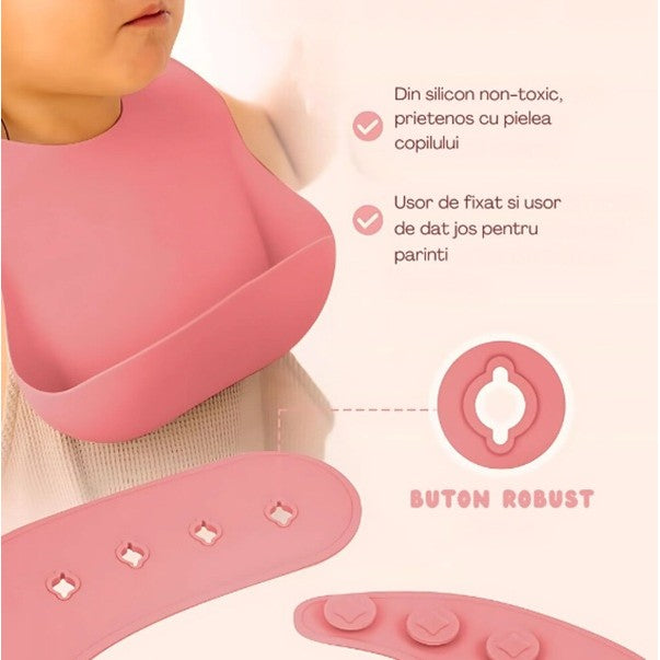 Set 10 Piese Servire Masa. Pentru Bebelusi Si Copii, Din Silicon/Lemn, Cu Ventuze Anti-Alunecare, Fara Alergeni. +6 Luni, Model Elefant