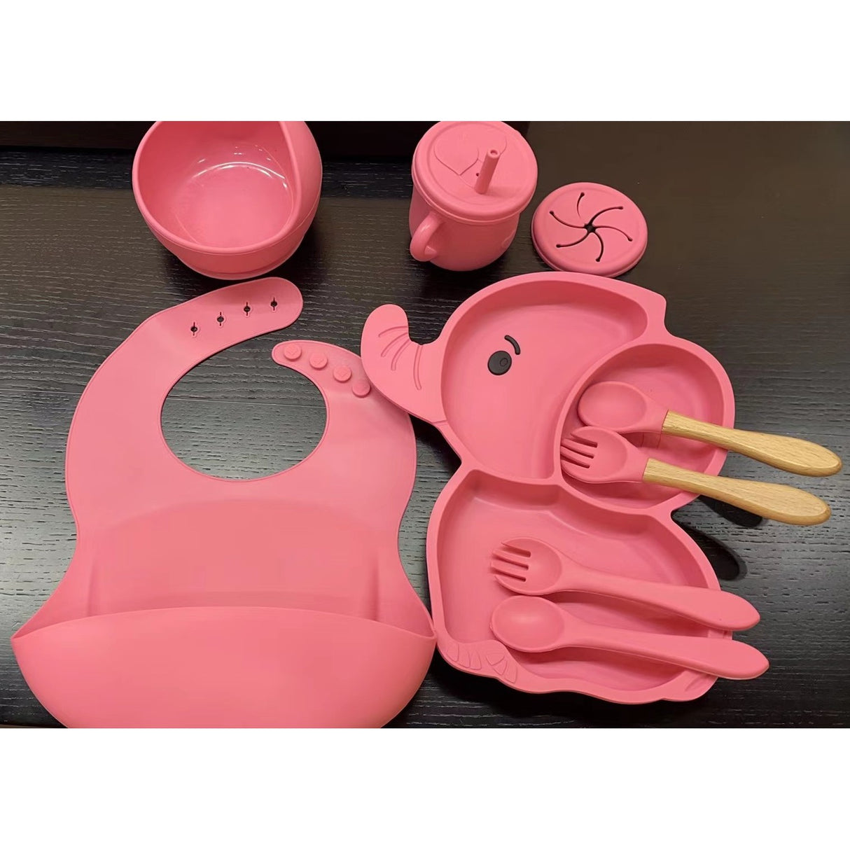Set 10 Piese Servire Masa. Pentru Bebelusi Si Copii, Din Silicon/Lemn, Cu Ventuze Anti-Alunecare, Fara Alergeni. +6 Luni, Model Elefant