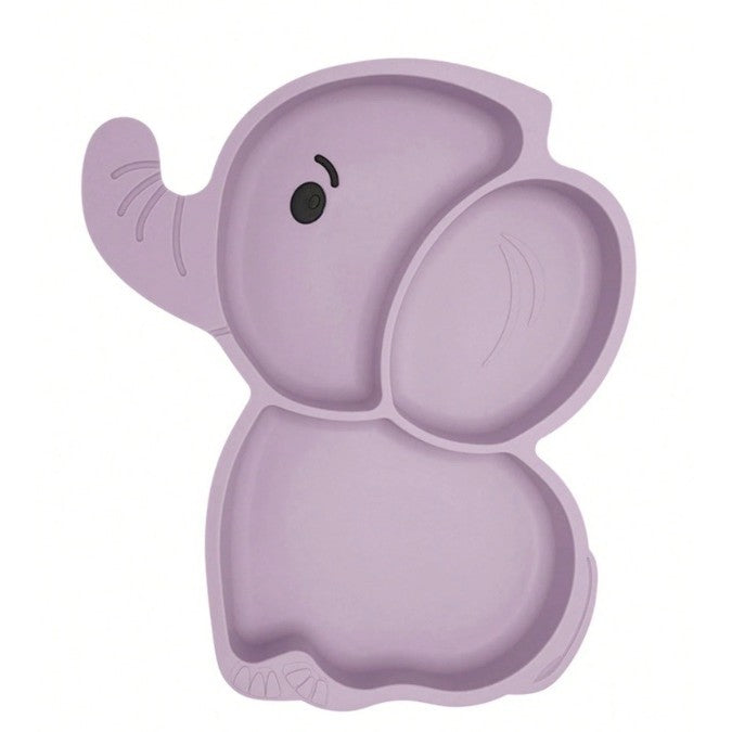 Set 10 Piese Servire Masa. Pentru Bebelusi Si Copii, Din Silicon/Lemn, Cu Ventuze Anti-Alunecare, Fara Alergeni. +6 Luni, Model Elefant
