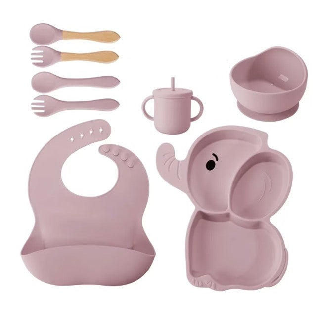 Set 10 Piese Servire Masa. Pentru Bebelusi Si Copii, Din Silicon/Lemn, Cu Ventuze Anti-Alunecare, Fara Alergeni. +6 Luni, Model Elefant