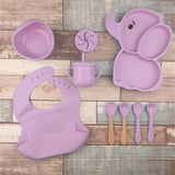 Set 10 Piese Servire Masa. Pentru Bebelusi Si Copii, Din Silicon/Lemn, Cu Ventuze Anti-Alunecare, Fara Alergeni. +6 Luni, Model Elefant