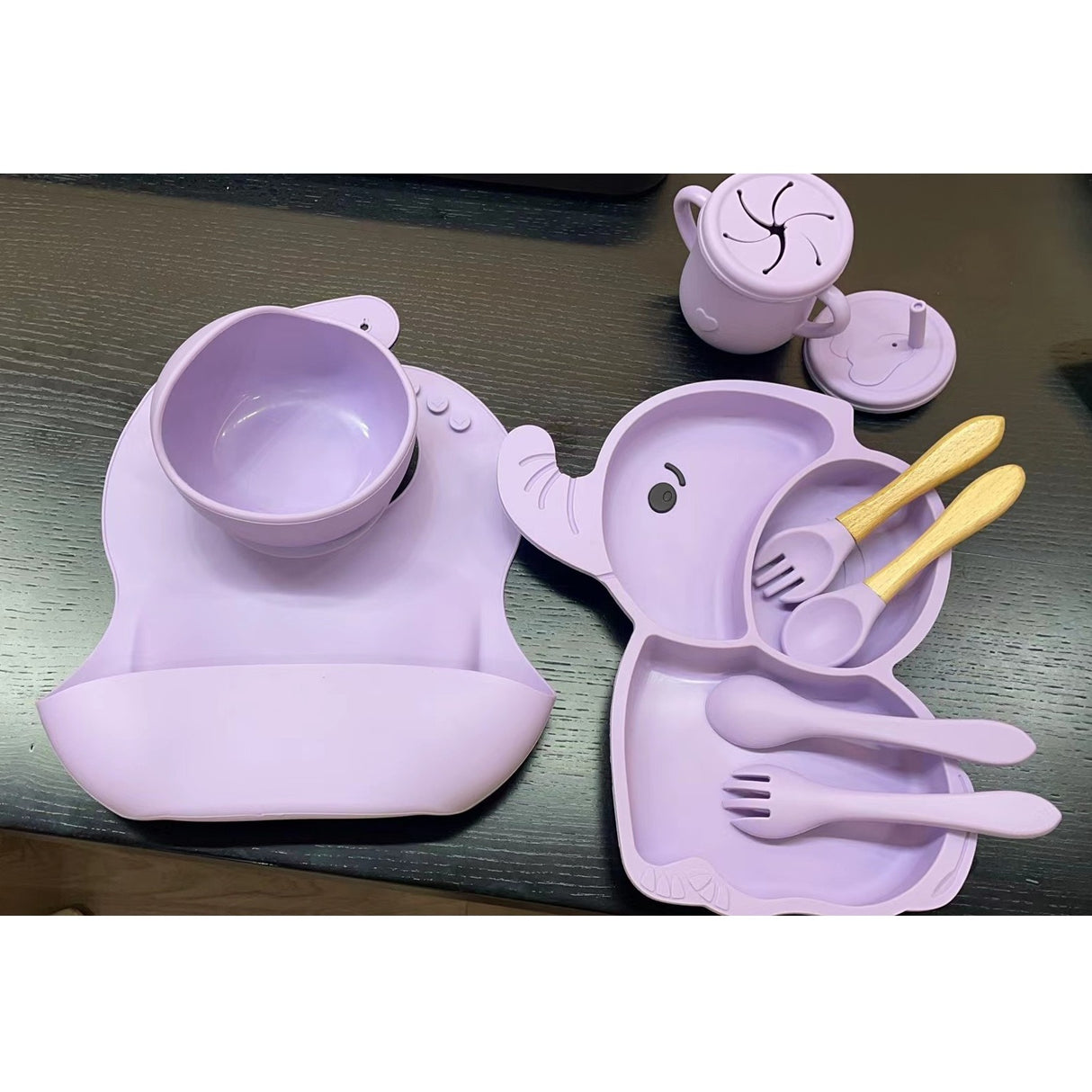 Set 10 Piese Servire Masa. Pentru Bebelusi Si Copii, Din Silicon/Lemn, Cu Ventuze Anti-Alunecare, Fara Alergeni. +6 Luni, Model Elefant