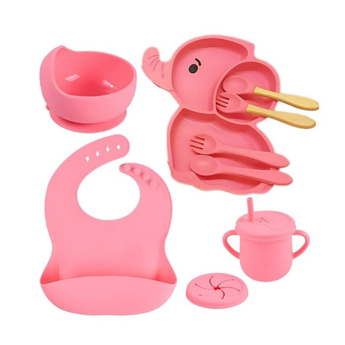 Set 10 Piese Servire Masa. Pentru Bebelusi Si Copii, Din Silicon/Lemn, Cu Ventuze Anti-Alunecare, Fara Alergeni. +6 Luni, Model Elefant