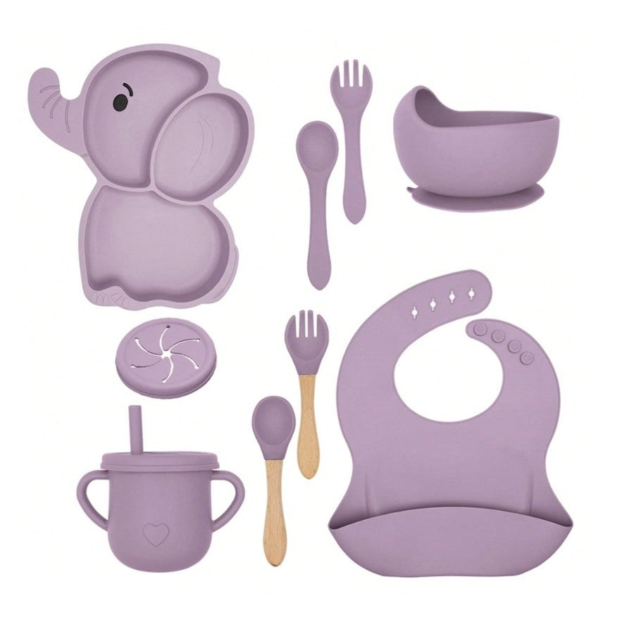 Set 10 Piese Servire Masa. Pentru Bebelusi Si Copii, Din Silicon/Lemn, Cu Ventuze Anti-Alunecare, Fara Alergeni. +6 Luni, Model Elefant