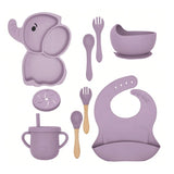 Set 10 Piese Servire Masa. Pentru Bebelusi Si Copii, Din Silicon/Lemn, Cu Ventuze Anti-Alunecare, Fara Alergeni. +6 Luni, Model Elefant