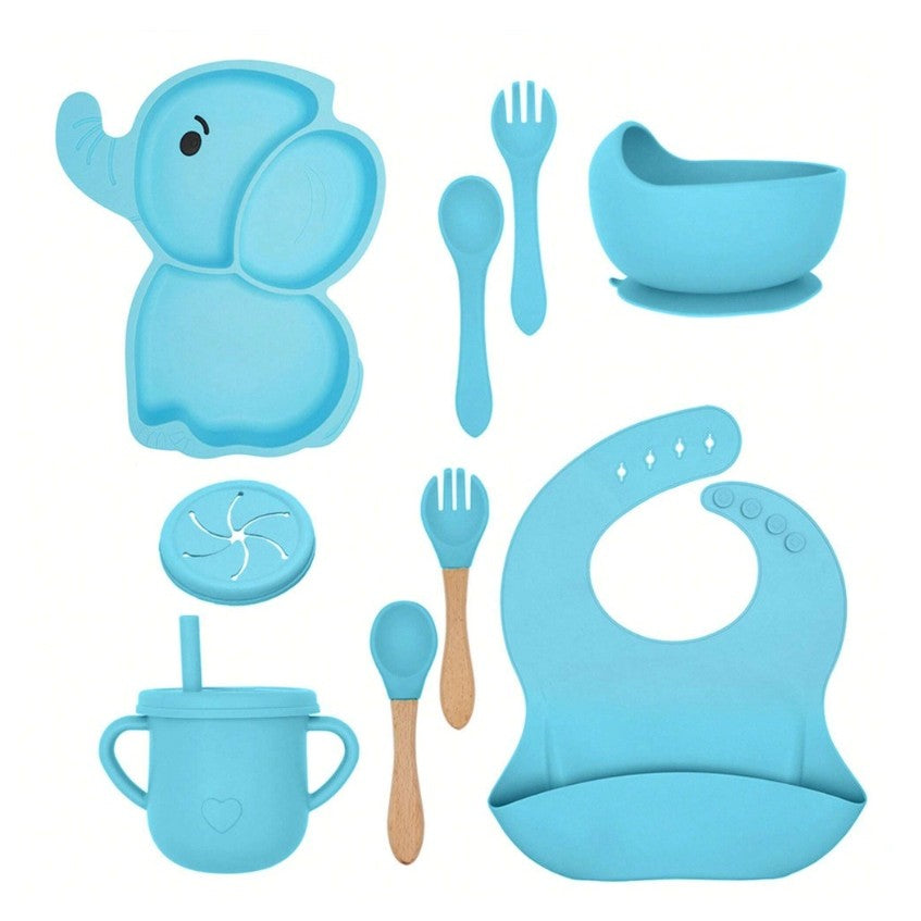Set 10 Piese Servire Masa. Pentru Bebelusi Si Copii, Din Silicon/Lemn, Cu Ventuze Anti-Alunecare, Fara Alergeni. +6 Luni, Model Elefant