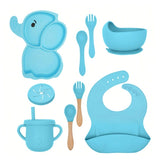 Set 10 Piese Servire Masa. Pentru Bebelusi Si Copii, Din Silicon/Lemn, Cu Ventuze Anti-Alunecare, Fara Alergeni. +6 Luni, Model Elefant