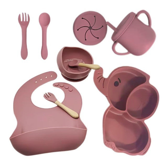 Set 10 Piese Servire Masa. Pentru Bebelusi Si Copii, Din Silicon/Lemn, Cu Ventuze Anti-Alunecare, Fara Alergeni. +6 Luni, Model Elefant
