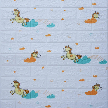 Set 10 Placi Tapet 3D, 70 X 77 Cm, Grosime 3 Mm, Din Polietilena, Tip Caramida, Model Unicorni, Suprafata Acoperita 5.3 Mp, Alb - vivimall.ro