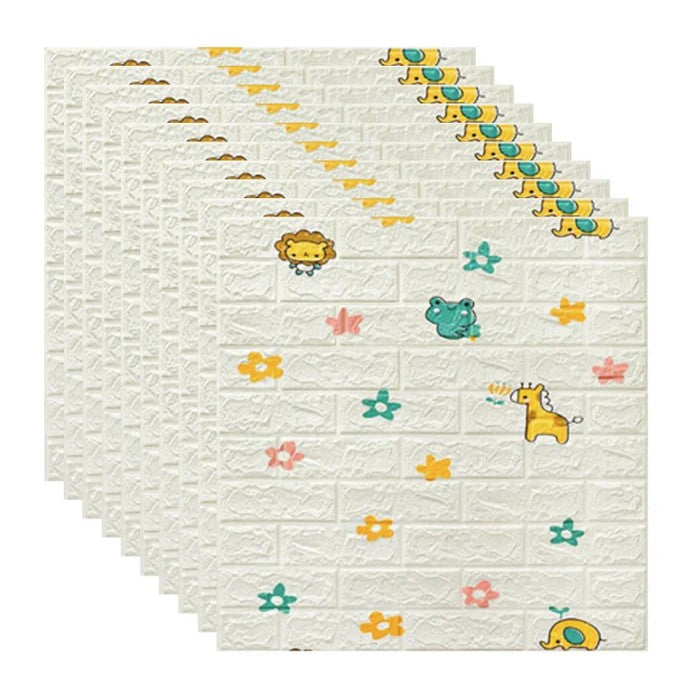 Set 10 Placi Tapet 3D, 70 X 77 Cm, Grosime 3 Mm, Din Polietilena, Tip Caramida, Model Animalute Si Floricele, Suprafata Acoperita 5.3 Mp, Alb - vivimall.ro