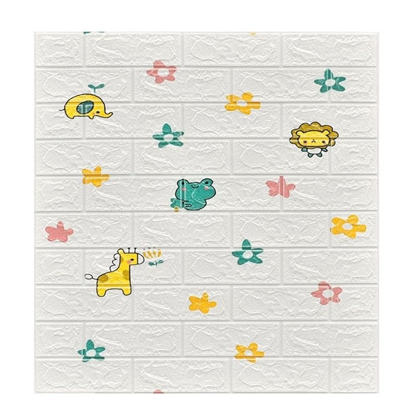 Set 10 Placi Tapet 3D, 70 X 77 Cm, Grosime 3 Mm, Din Polietilena, Tip Caramida, Model Animalute Si Floricele, Suprafata Acoperita 5.3 Mp, Alb - vivimall.ro