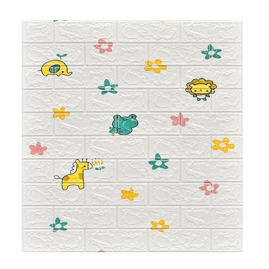 Set 10 Placi Tapet 3D, Vivimall, 70 x 77 cm, Grosime 3 mm, din Polietilena, Tip Caramida, Model Animalute si Floricele, Suprafata acoperita 5.3 mp, Alb - vivimall.ro