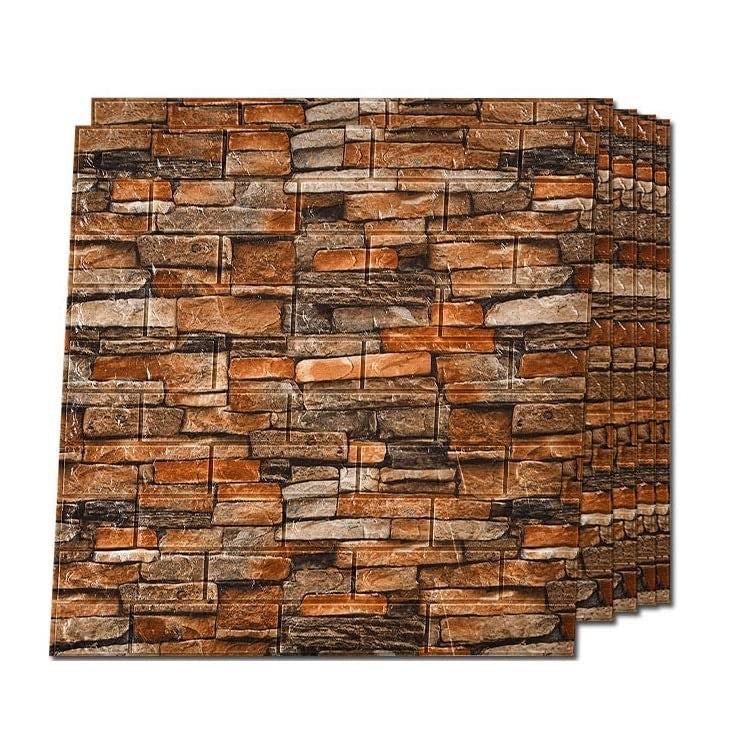 Set 10 Placi Tapet 3D, Vivimall, 70 x 77 cm, Grosime 3 mm, din Polietilena, Model Caramida, Suprafata acoperita 5.3 mp, Piatra Galbena