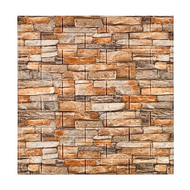 Set 10 Placi Tapet 3D, Vivimall, 70 x 77 cm, Grosime 3 mm, din Polietilena, Model Caramida, Suprafata acoperita 5.3 mp, Piatra Galbena