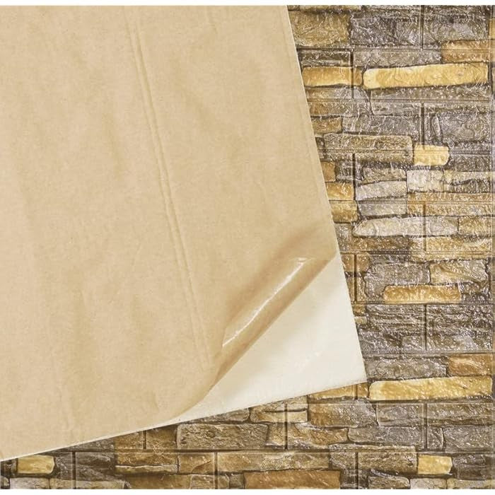 Set 10 Placi Tapet 3D, Vivimall, 70 x 77 cm, Grosime 3 mm, din Polietilena, Model Caramida, Suprafata acoperita 5.3 mp, Piatra Galbena