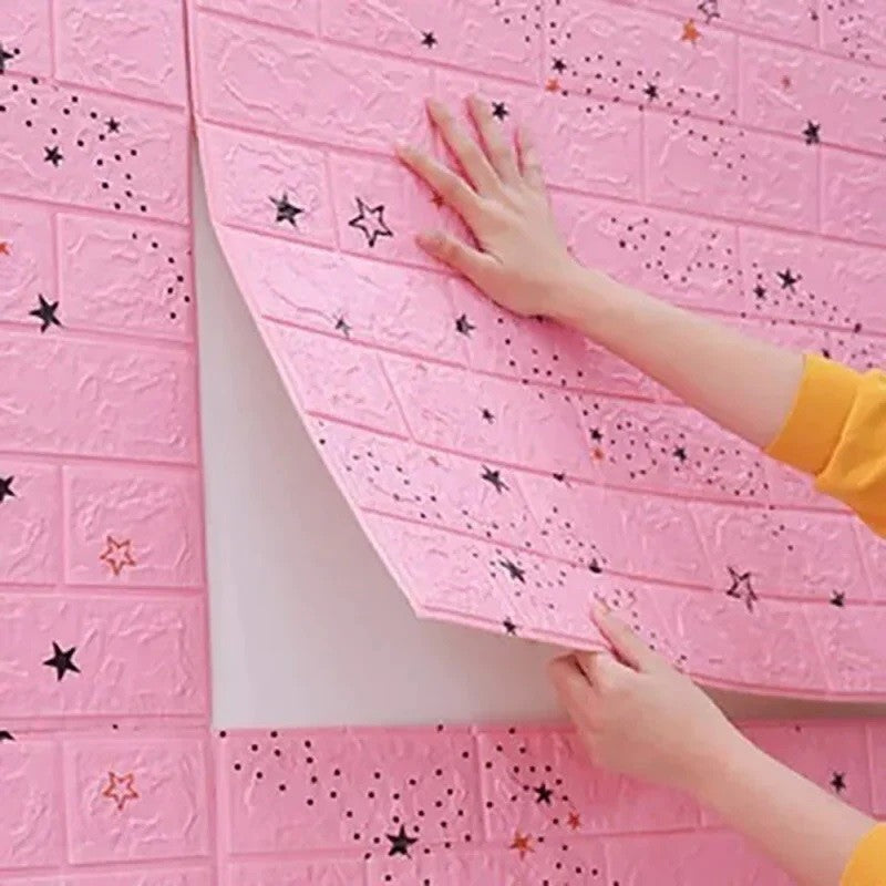 Set 10 Placi Tapet 3D, Vivimall, 70 x 77 cm, Grosime 3 mm, din Polietilena, Tip Caramida, Model Stele, Suprafata acoperita 5.3 mp, Roz - vivimall.ro