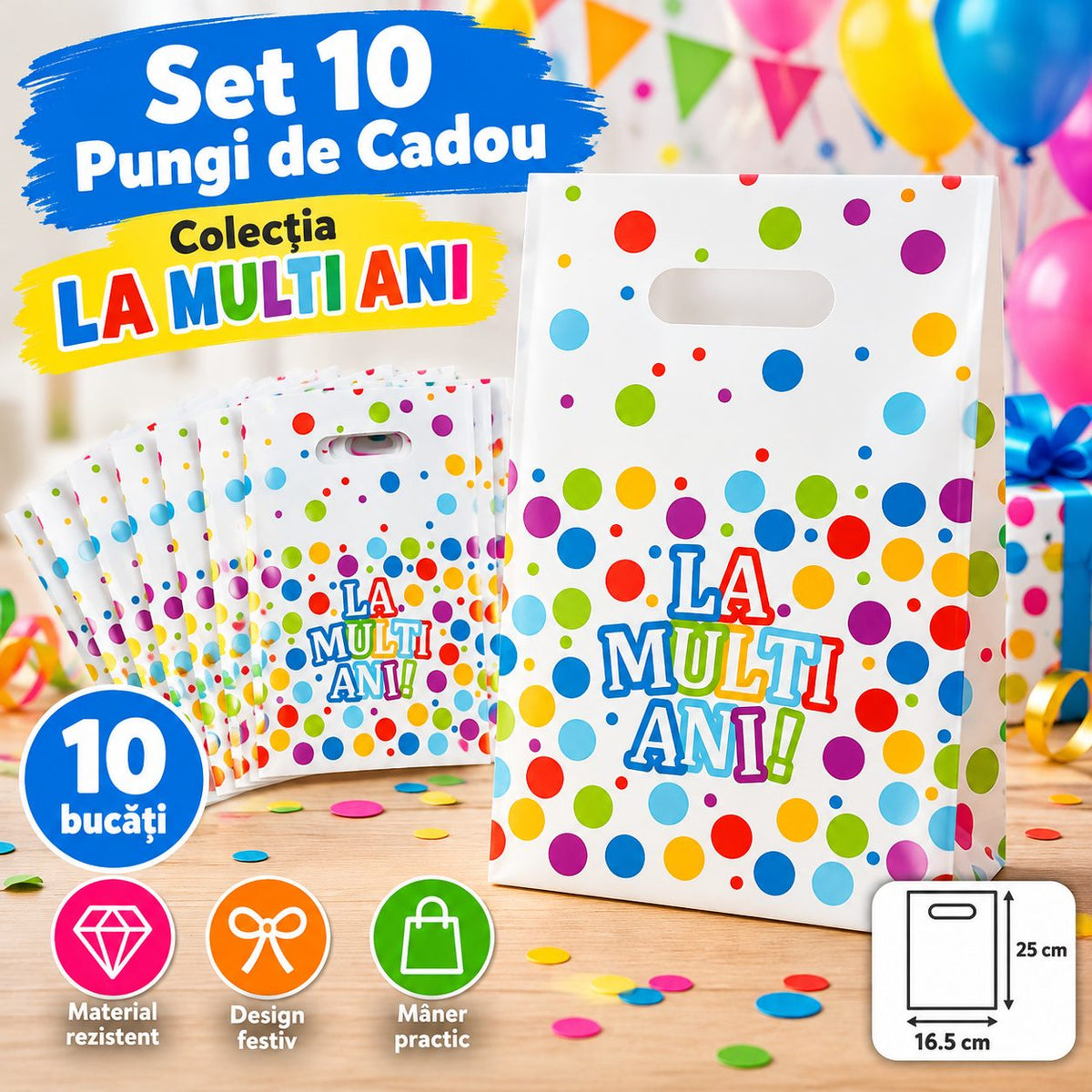 Set 10 Pungi de Cadou La Mulți Ani, 16.5 x 25 cm, Plastic, Multicolor