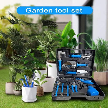 Set 10 Unelte De Gradina, Pentru Plantare Prelucrare Sol Si Ingrijire Plante, Manere Albastre, Material Pvc Si Otel Inoxidabil, Cutie Inclusa, 37X28X7 Cm, Negru - vivimall.ro