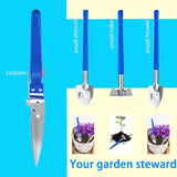 Set 10 Unelte de Gradina, Vivimall, pentru Plantare Prelucrare Sol si Ingrijire Plante, Manere Albastre, Material PVC si Otel Inoxidabil, Cutie Inclusa, 37x28x7 cm, Negru - vivimall.ro