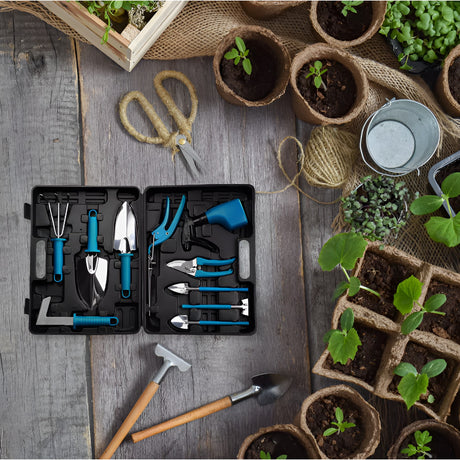 Set 10 Unelte De Gradina, Pentru Plantare Prelucrare Sol Si Ingrijire Plante, Manere Albastre, Material Pvc Si Otel Inoxidabil, Cutie Inclusa, 37X28X7 Cm, Negru - vivimall.ro