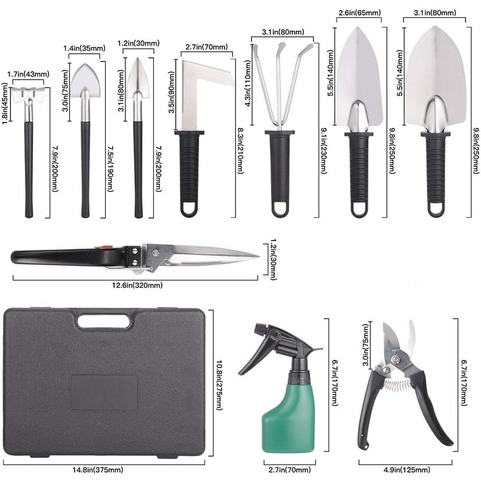 Set 10 Unelte De Gradina, Pentru Plantare Prelucrare Sol Si Ingrijire Plante, Manere Negre, Material Pvc Si Otel Inoxidabil, Cutie Inclusa, 37X28X7 Cm, Negru - vivimall.ro