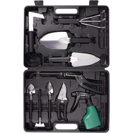 Set 10 Unelte De Gradina, Pentru Plantare Prelucrare Sol Si Ingrijire Plante, Manere Negre, Material Pvc Si Otel Inoxidabil, Cutie Inclusa, 37X28X7 Cm, Negru - vivimall.ro