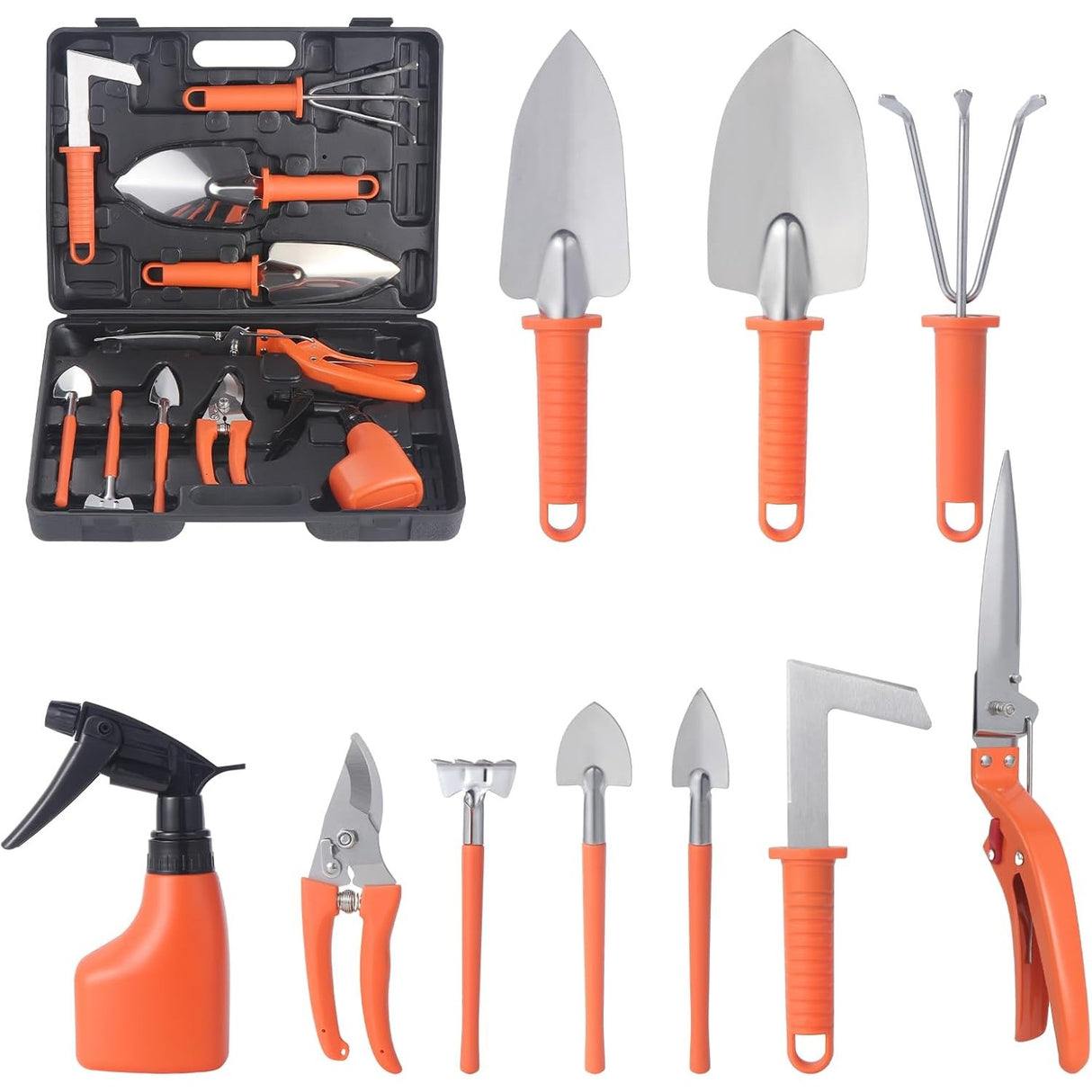 Set 10 Unelte de Gradina, Vivimall, pentru Plantare Prelucrare Sol si Ingrijire Plante, Manere Portocalii, Material PVC si Otel Inoxidabil, Cutie Inclusa, 37x28x7 cm, Negru - vivimall.ro