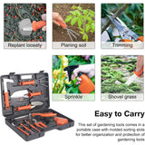 Set 10 Unelte de Gradina, Vivimall, pentru Plantare Prelucrare Sol si Ingrijire Plante, Manere Portocalii, Material PVC si Otel Inoxidabil, Cutie Inclusa, 37x28x7 cm, Negru - vivimall.ro