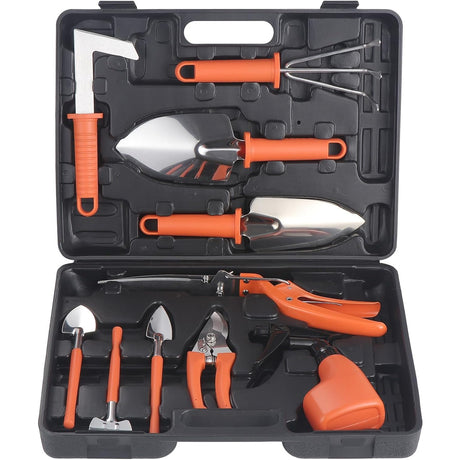 Set 10 Unelte De Gradina, Pentru Plantare Prelucrare Sol Si Ingrijire Plante, Manere Portocalii, Material Pvc Si Otel Inoxidabil, Cutie Inclusa, 37X28X7 Cm, Negru - vivimall.ro