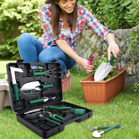 Set 10 Unelte De Gradina, Pentru Plantare Prelucrare Sol Si Ingrijire Plante, Manere Verzi, Material Pvc Si Otel Inoxidabil, Cutie Inclusa, 37X28X7 Cm, Negru - vivimall.ro