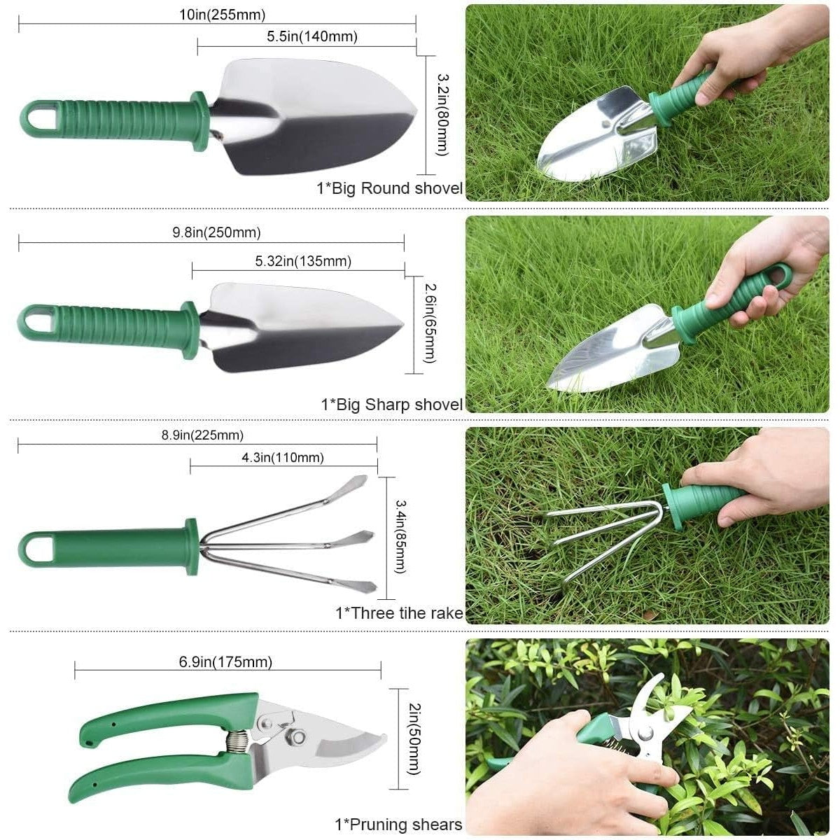 Set 10 Unelte De Gradina, Pentru Plantare Prelucrare Sol Si Ingrijire Plante, Manere Verzi, Material Pvc Si Otel Inoxidabil, Cutie Inclusa, 37X28X7 Cm, Negru - vivimall.ro
