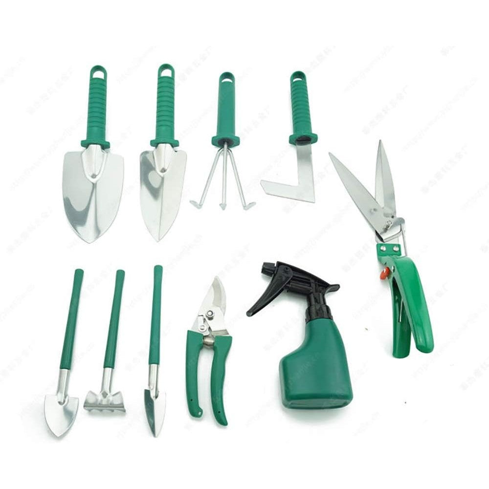 Set 10 Unelte De Gradina, Pentru Plantare Prelucrare Sol Si Ingrijire Plante, Manere Verzi, Material Pvc Si Otel Inoxidabil, Cutie Inclusa, 37X28X7 Cm, Negru - vivimall.ro