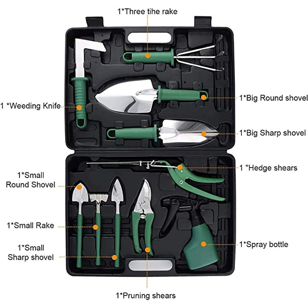 Set 10 Unelte De Gradina, Pentru Plantare Prelucrare Sol Si Ingrijire Plante, Manere Verzi, Material Pvc Si Otel Inoxidabil, Cutie Inclusa, 37X28X7 Cm, Negru - vivimall.ro