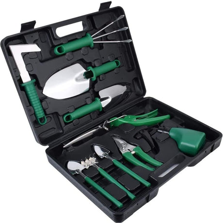 Set 10 Unelte De Gradina, Pentru Plantare Prelucrare Sol Si Ingrijire Plante, Manere Verzi, Material Pvc Si Otel Inoxidabil, Cutie Inclusa, 37X28X7 Cm, Negru - vivimall.ro