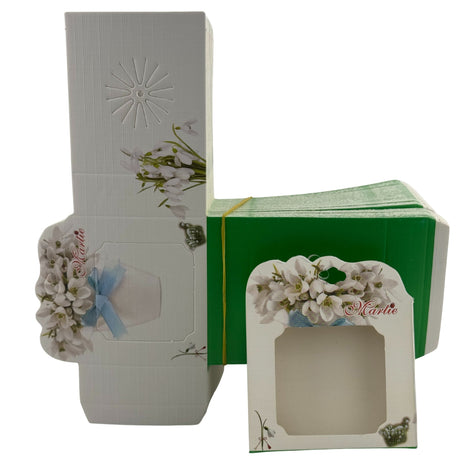 Set 100 Bucati Ambalaje de Carton pentru Martisoare, Vivimall, Cutii Brosa, Model Ghiveci cu Ghiocei, Alb-Verde - vivimall.ro