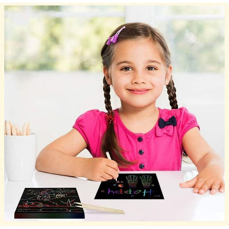 Set 100 de Foi de Hartie de Razuit, Flippy, cu Creion din Bambus, pentru Desen, 8.5 x 8.5, Curcubeu, Negru